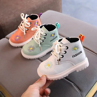 

New Arrive Autumn Winter High Quality Cute Chrysanthemum Baby Fashion Kids Boots, White/green/orange