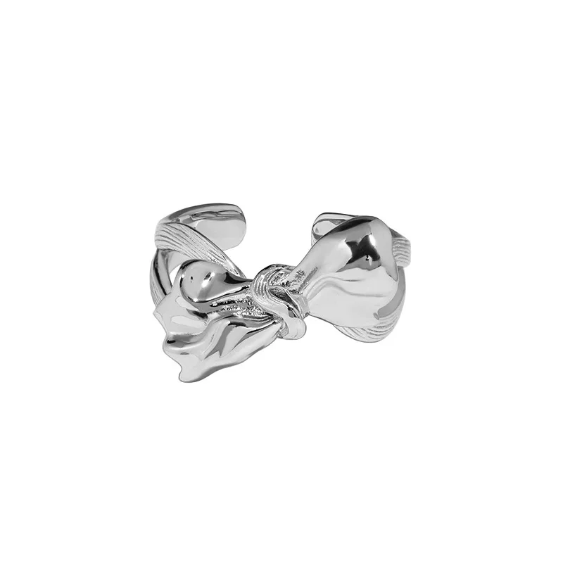 

925 Sterling Silver Texture Bow-knot Platinum Plated Ring Open Ring For Women