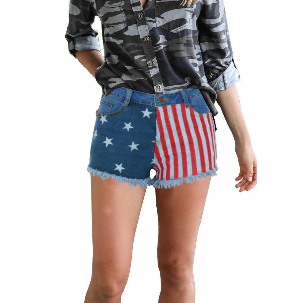 

Spring Summer Women New Amazon Print Hot Pants Tassel Denim Shorts, Dark blue