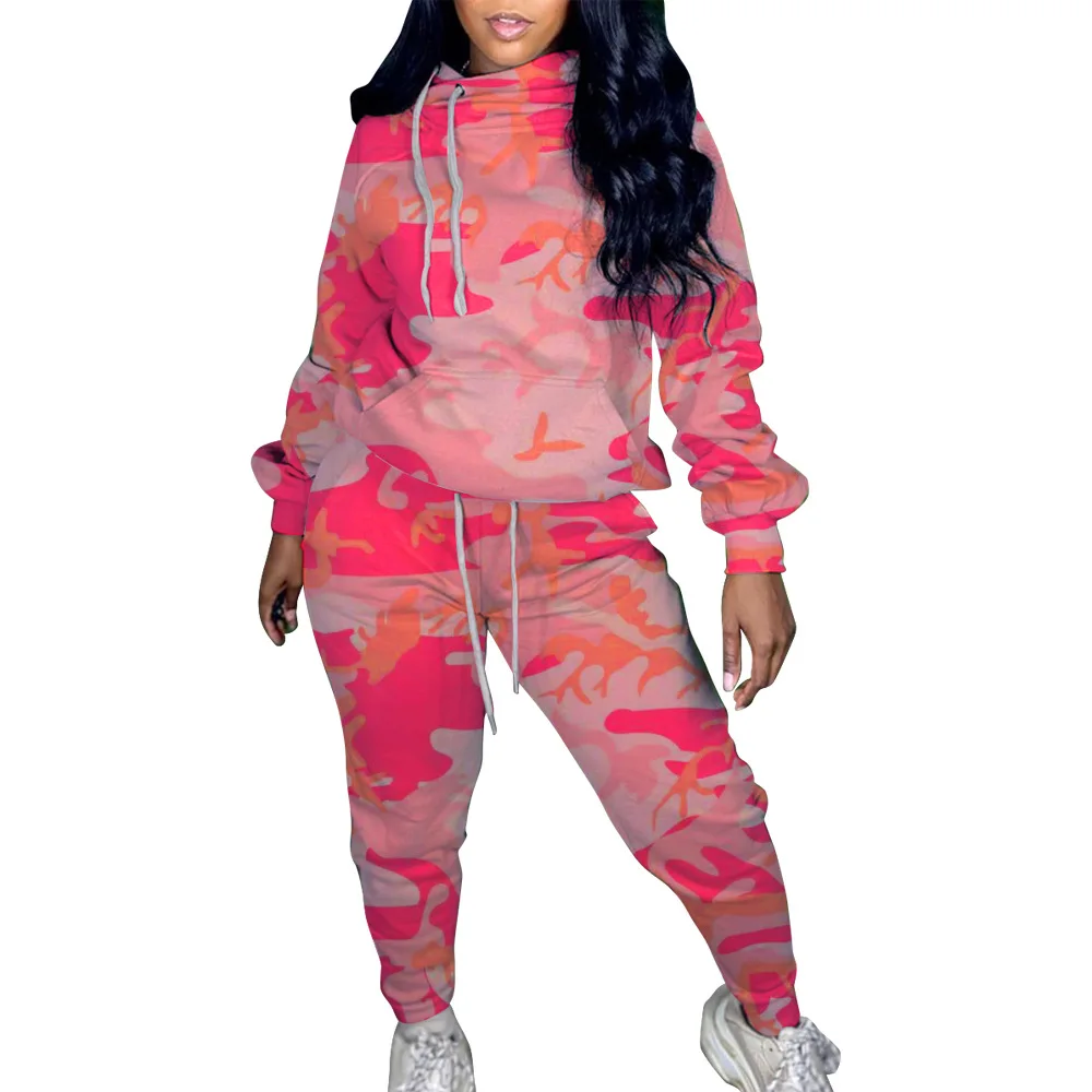 

Women's long - sleeved camouflage hooded blouse and trouser suit