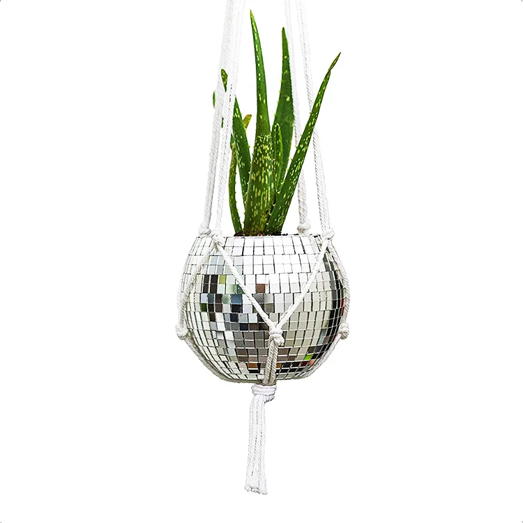 

Hot Sale Disco Mirror Decorative Plant Pots with Macrame Cotton Rope,Mirror Hanging Flower Pot for Indoor Outdoor plants, As shown