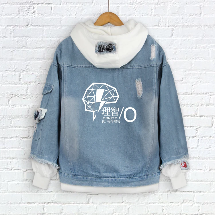 

Wholesale anime men's blue denim jacket manufacturer OEM game printed denim jacket hooded autumn long sleeve