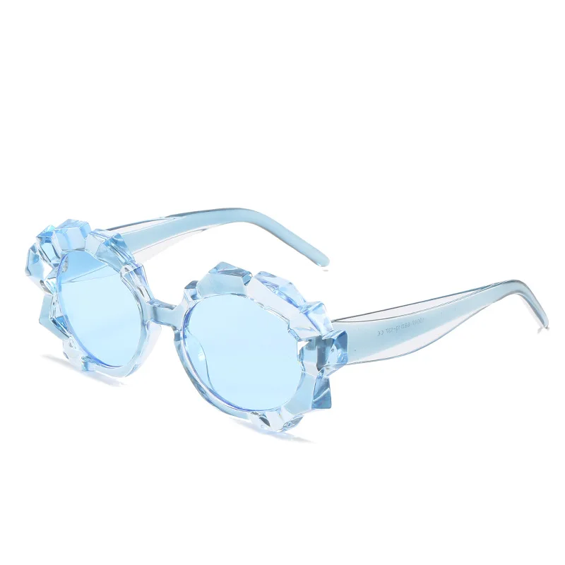 

2021 newest american women personalized fashion vintage oval lens and concave-convex blue frame transparent sunglasses
