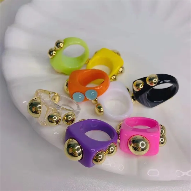 

New Stackable Candy Colour Acrylic Knuckle Joint Band Aesthetic Accessories Anelli Resina Gold Mental Bead Resin Square Rings