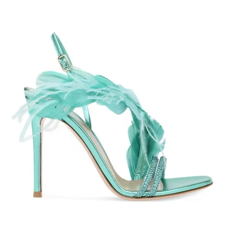 

Feather Style Casual summer hot shoes 2021 new trend heeled sandals for women and ladies, Customized color