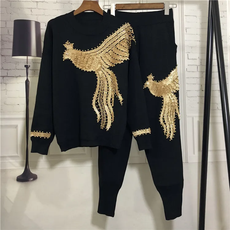 Autumn 2019 New Women's European Station Sequin Bead Phoenix Long Sleeve Loose Knitted Shirt Pants Suit two piece set