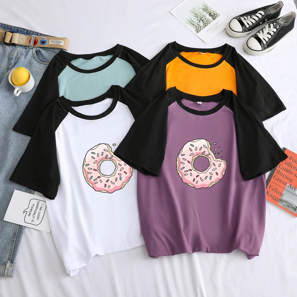 

Doughnut Print T Shirt Short Sleeve Summer New Harajuku Funny Kawaii Women Spell Color Splicing Loose Streetwear Tee Shirt Femme