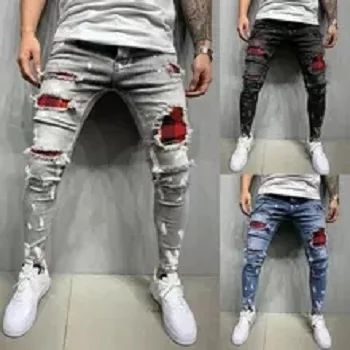 

Plus Size Boys Slim Denim Pants Breathable Patch Ripped Jeans Fashionable Daily Casual Clothing Men's Jeans, Shown