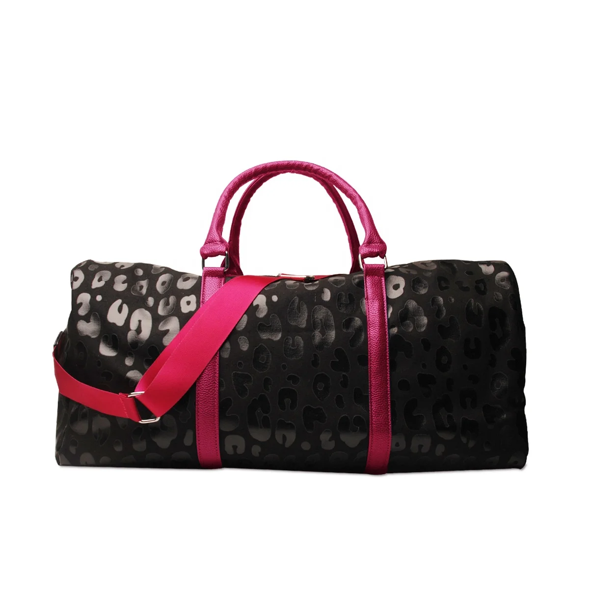 

Wholesale Black Leopard Duffle Bag Weekender Bag Travel Tote for Women PU Leather Bag with Black Pink Blue Handles DOM1131065