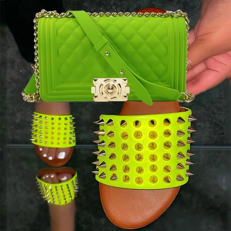 

Jelly purse and sandal set GW new fashion designer candy handbag matching slides luxury crossbody shoulder purse and slipper set, Color