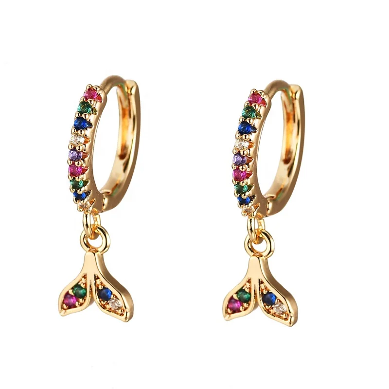 

Light Luxury Brass Inlaid Cubic Zircon Fish Tail Drop Earring Simple Creative Colorful CZ Gold Color Huggie Earrings For Women