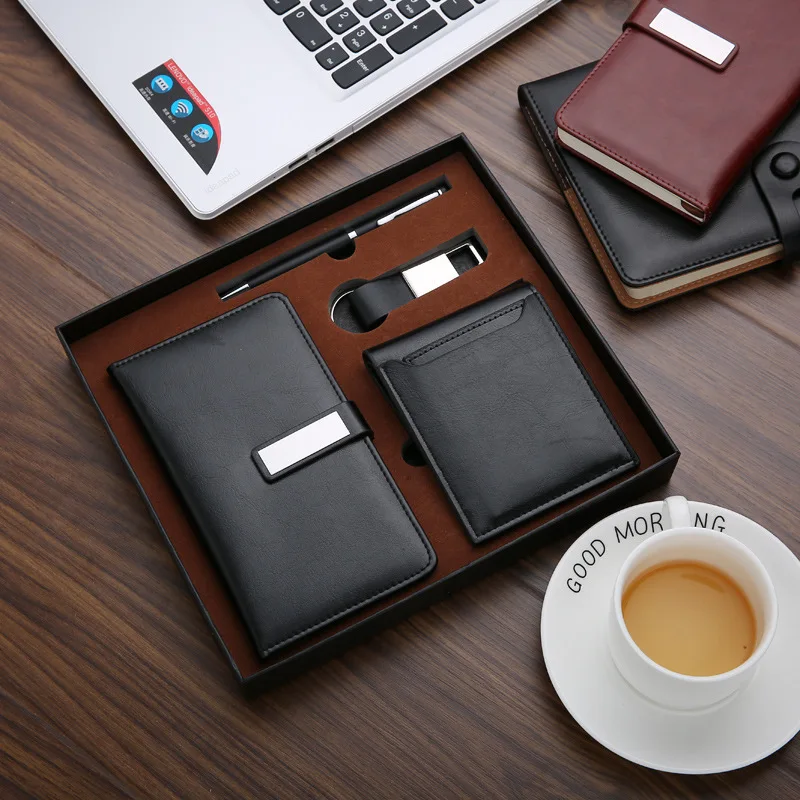 

New arrival Promotional 4 in 1 wallet+ key chain + Pen + notebook corporate gift set corporate gift set mens gift box set