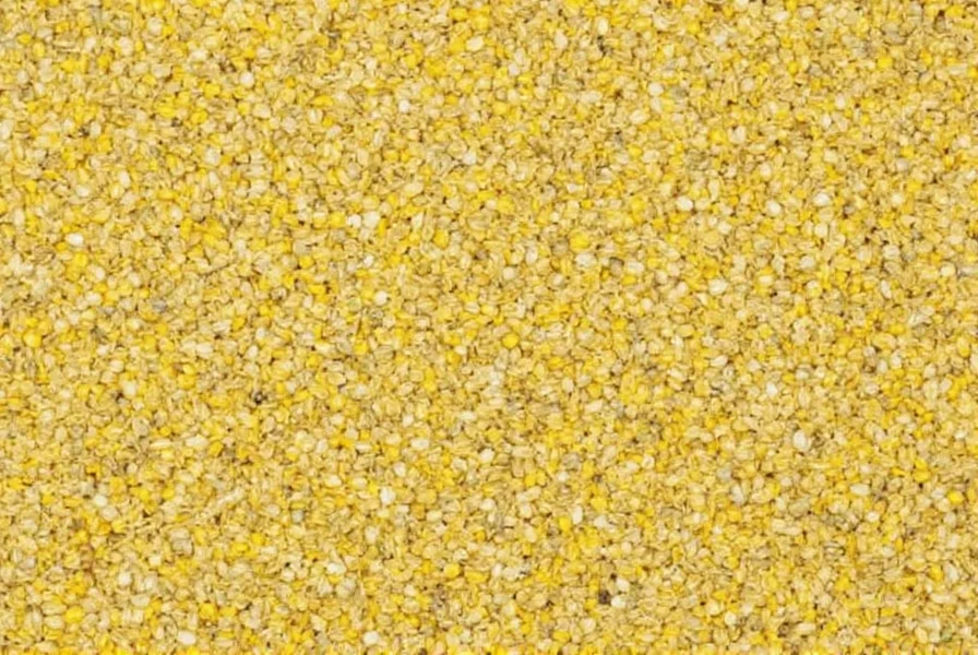 Close-up view of yellow mustard seeds showing their pale yellow color and round shape