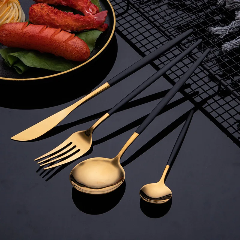 

Wholesale Stainless Steel Gold Cutlery set Flatware Set spoons set PVD Titanium plated gold spoons gold flatware couverts, As shown or customized color