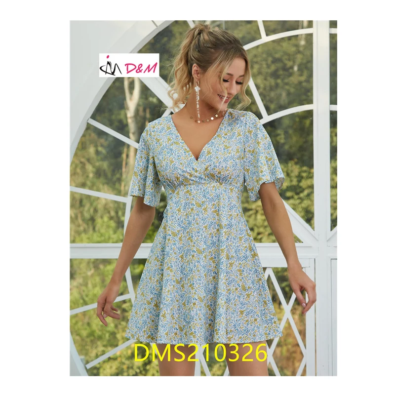 

D&M Fashion Women Clothings Hot Sale V Neck Flare Sleeve Floral Print Summer Clothes Women Casual Dress, Shown,or customized color,provide color swatches