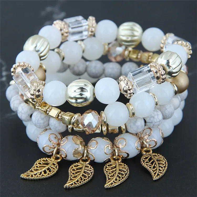 

New European and American fashion multi-layer leaf glass beaded multi-layer bracelet 4-piece set of foreign hot style Bracelet, Silver,gold or custom