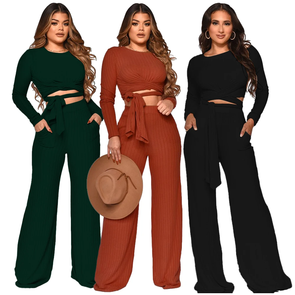 

Amazon Hot Style Fashion Casual Set Solid Color Round Neck Knitted Sweater Two Piece Set Wear Women, Black, orange, green