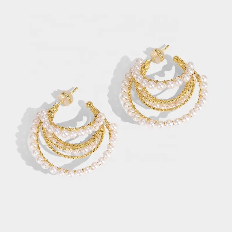 

Vintage Handmade Brass 18k Real Gold Plated Geometric Multi-hoop Pearl Earrings, Picture shows