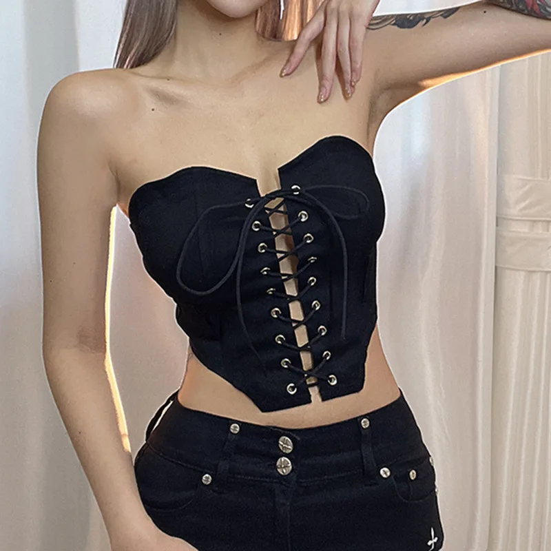 

Women Bandage Off Shoulder Tube Top Sleeveless 2022 Spring Summer Hollow Out Bodycon Skinny Tank Top Crop Top Streetwear, Customized color