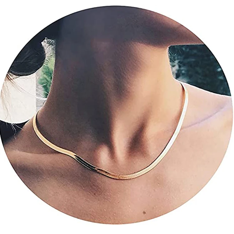 

2021 Hot Sale Chunky Flat Necklaces for Women Herringbone Necklace Gold Plated Cool Snake Chain Choker Necklace, Picture shows