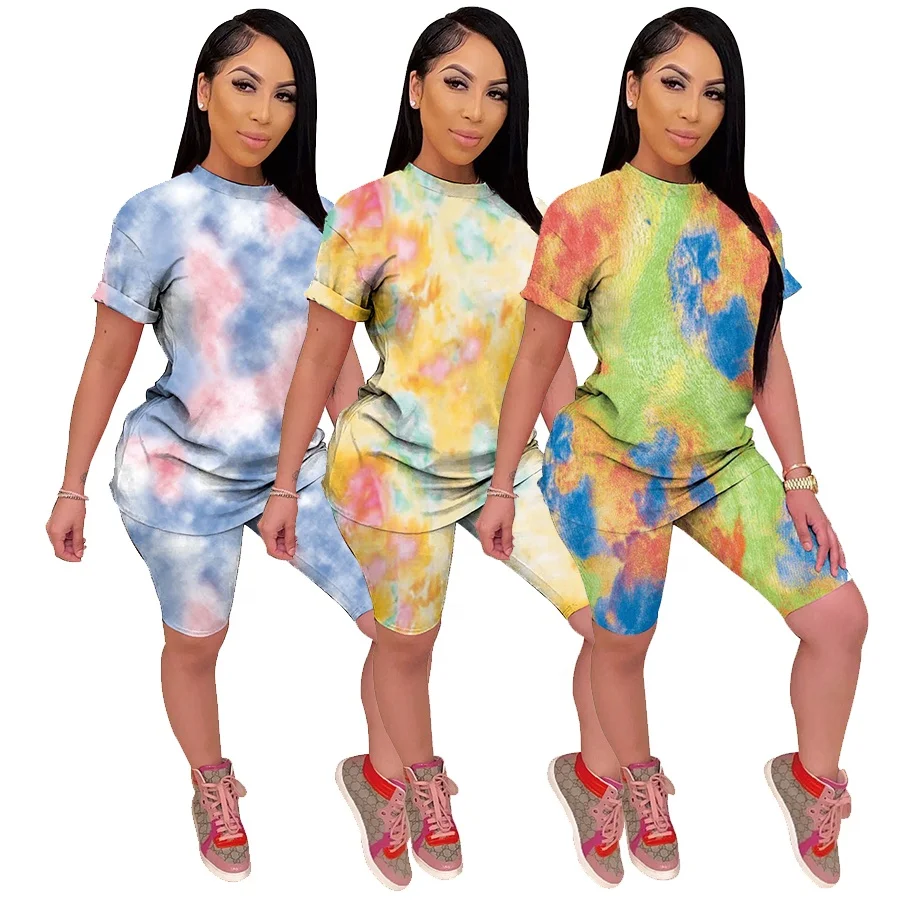 

Wholesale Womans Fashion Outfits Sets 2 Piece Casual Home Wear Tie dye Short Pants Two Piece