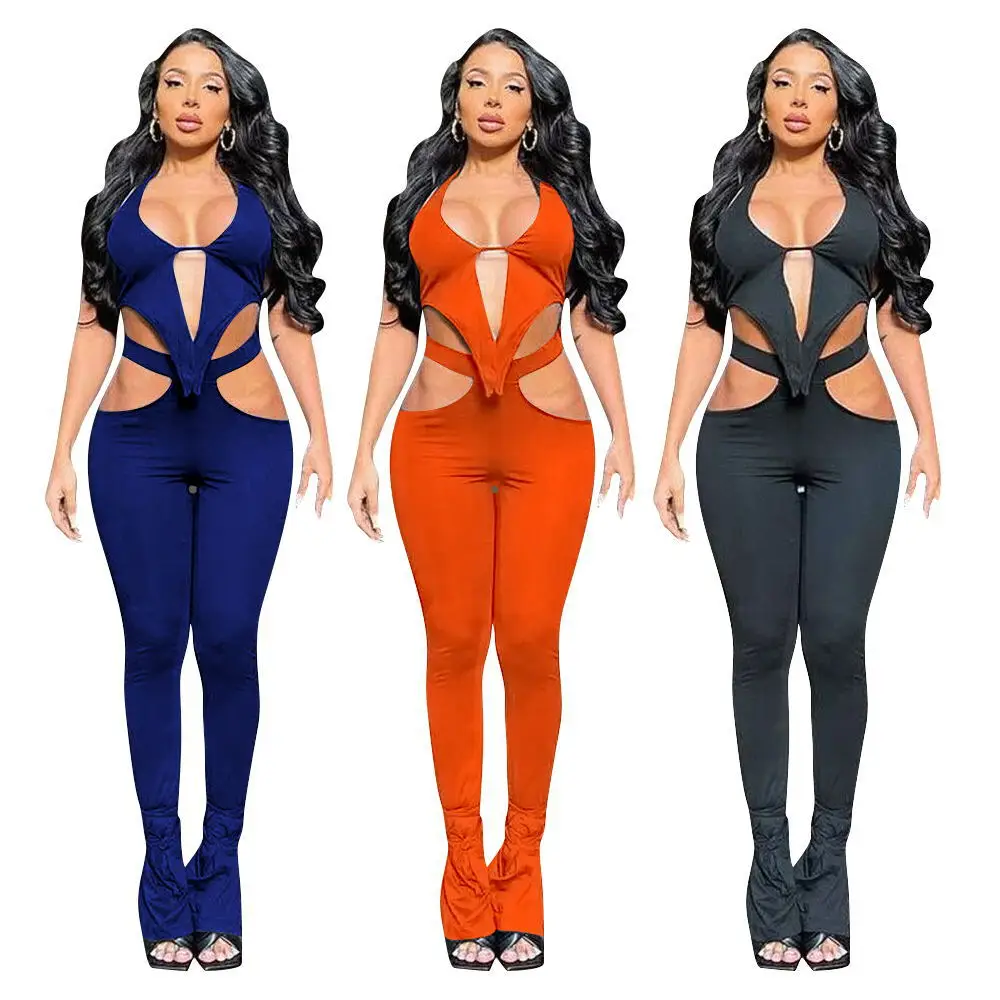 

DUODUOCOLOR 2021 summer fashion bodysuit outfit for women sexy sleeveless jumpsuit solid color women jumpsuits set D98241, Black, dark blue,orange