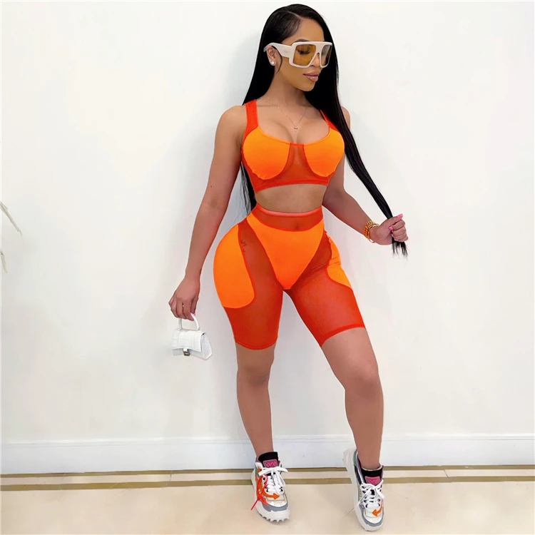 

Hot Selling Patchwork Sexy Mesh Crop Top 2021 Summer Women Fashion Clothing Womens 2 Piece Outfit