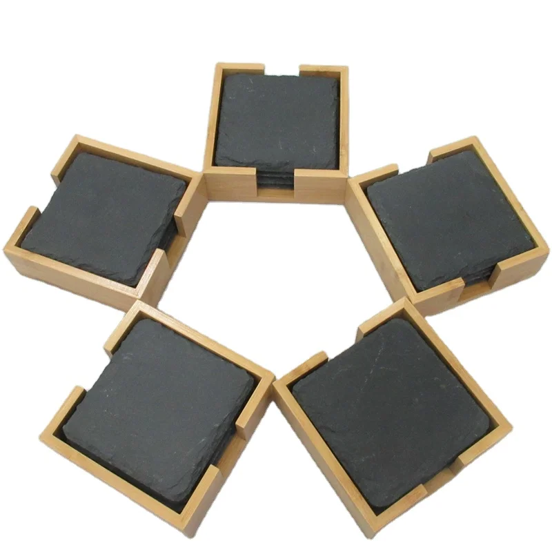 

2021 New Popular Slate Square Coaster in Bamboo Holder 4pcs / set