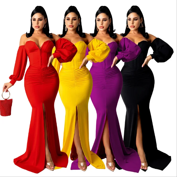 

Women Off Shoulder Fishtail Thigh High Split Maxi Dress Sexy Long Puff Sleeve V Neck Elegant Slim Fit Corset Evening Prom Gown