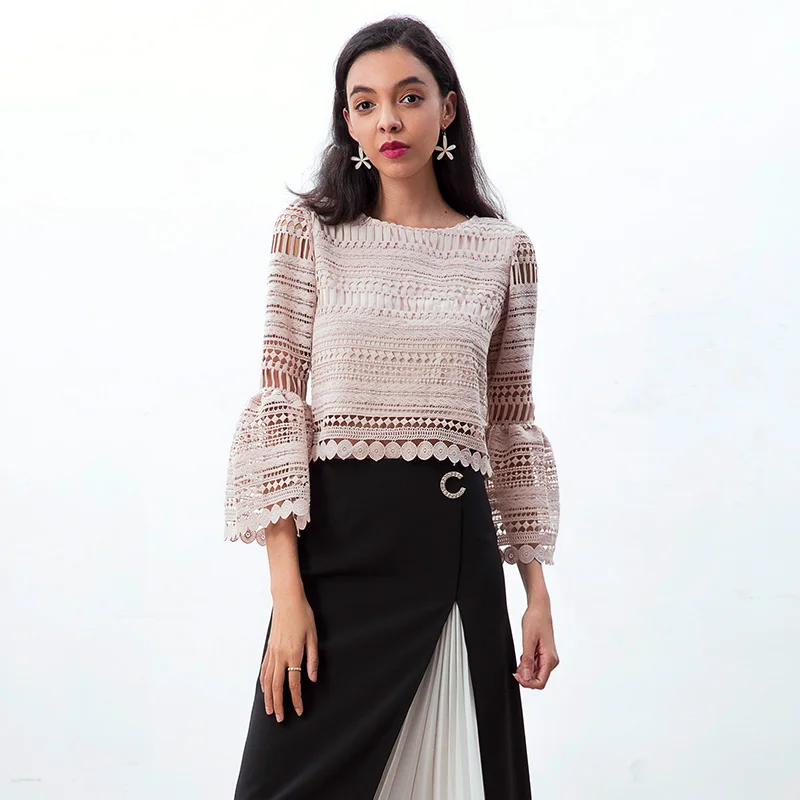 

T228-1High Quality Fashion Elegant Incanus Color Lace Casual T-Shirt Shirts Women Blouses Tops