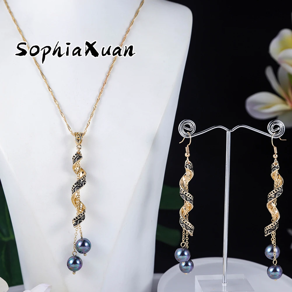 

SophiaXuan new samoan fashion polynesian jewelry necklace set large dangle spiral earrings pearl set wholesale hawaiian, Picture shows