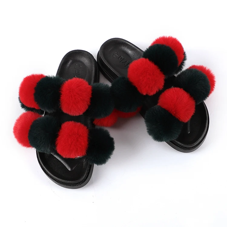 

2021 Fashion Color Matching Fox Double Strap Slides Flat Ladies Summer Sandals Artificial Faux Fur Women Slippers, 6 colors as picture