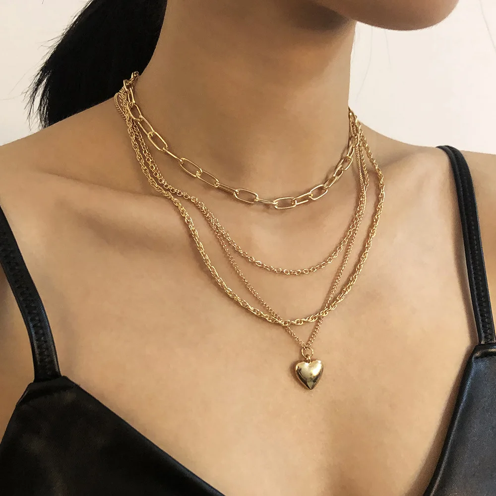 

Chinese Multi-layered Chain Necklace Heart Shape Choker Circle Pendant Necklaces