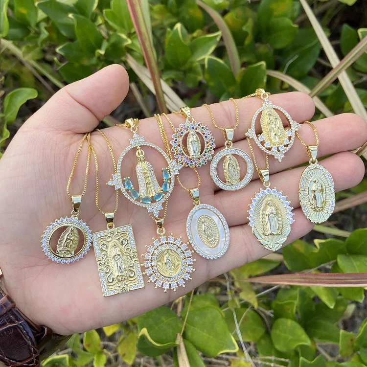 

2022 Vintage 18k real gold plated dainty colorful zircon virgin mary religious christian necklaces