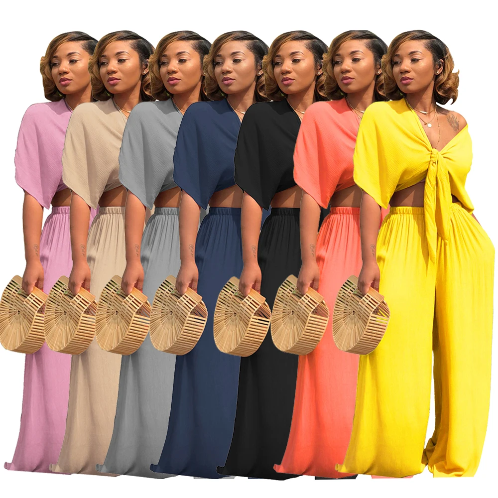 

KCTA7003 wholesale casual solid wide leg pants and top two piece set women clothing