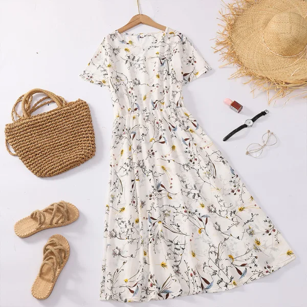 

Korean dress 2021 summer new small fresh women's chiffon shirt floral round neck long skirt short sleeve loose waist dress