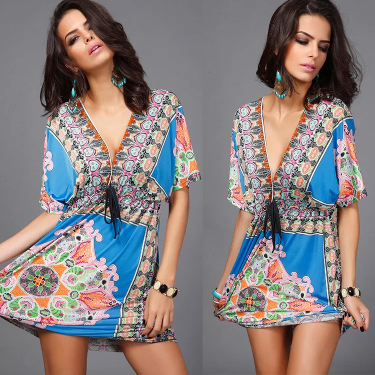 

Free Size Spring And Summer V-neck Milk Silk Dress Beach Bat Sleeve Women Dress