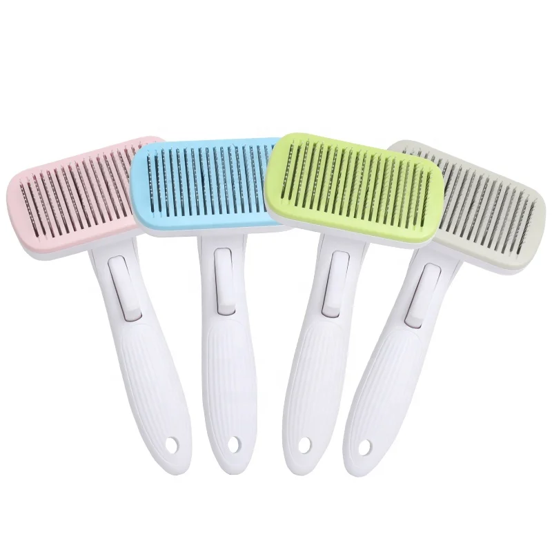 

Factory Wholesale Self Cleaning Pet Botton Comb Cat Dog Hair Removal Pin Groooming Slicker Brush With Sticky Beads, Blue/gray/green/pink