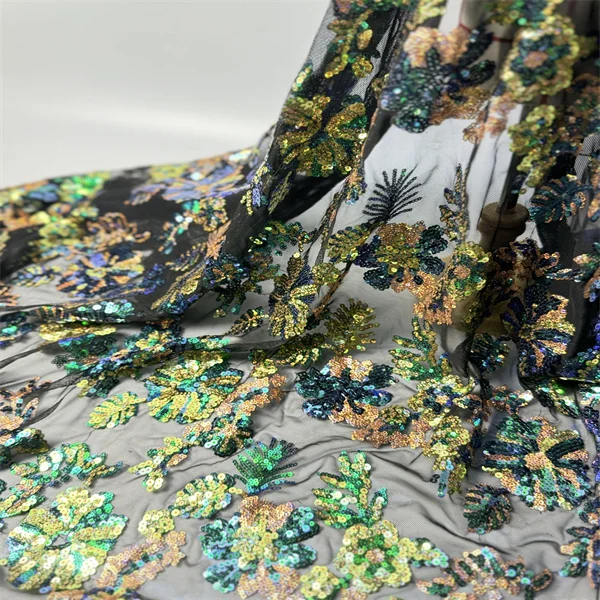 Hot Sales for Amazon Colorful Computer Embroidery Lace Fabric 100% Polyester Mesh Sequin Design for Women's Evening Wedding Dres