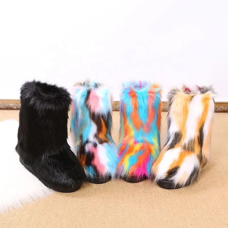 

New Arrival Hot Sale Colorful Cheap Women Plush Thigh High Fluffy Snow Winter Boots Set Faux Fox Fur Warm Boots