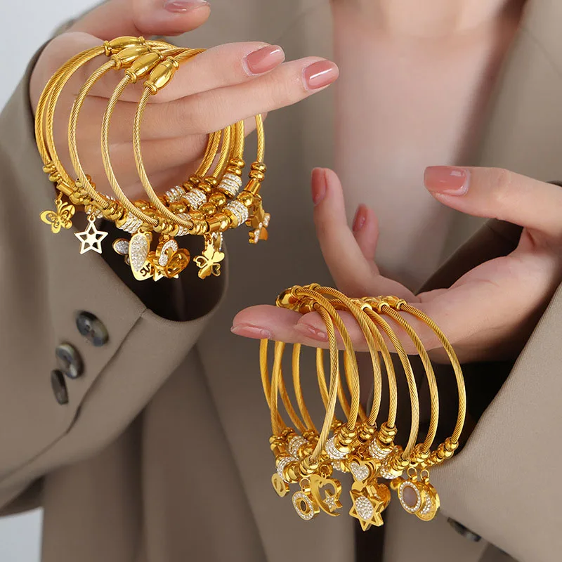 

Retro Temperament Fashion Jewelry Women Bracelet Bangles 18K Gold Plated Stainless Steel Bead Crystal Charm Pendant Bracelets
