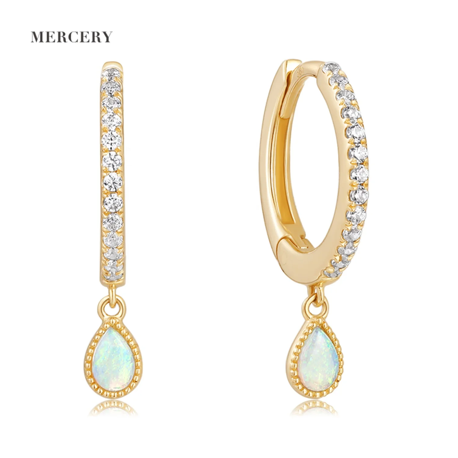 

Mercery Charms Jewelry Dangle Earring GH-SI Diamond 14k Solid Gold Australian Opal Water Drop Huggie Earrings For Women
