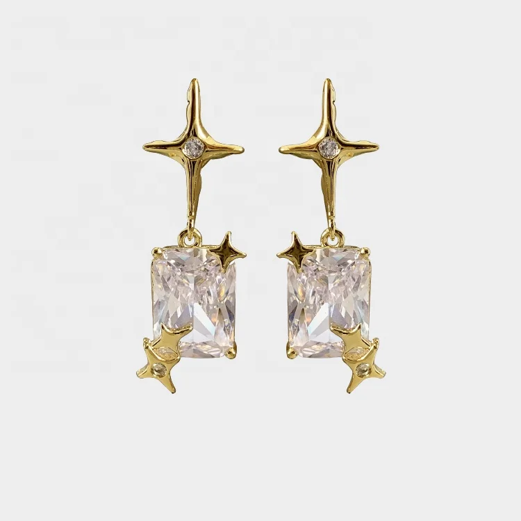 

New unique exaggerated niche design women star square zircon pendant earrings, Gold/silver