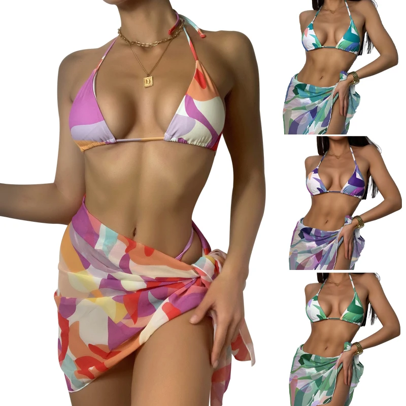 

Custom 2021 New Design Three Piece Swimsuit Cover Up Beachwear Sexy Bright Women Bikini Sexy Extreme Bikinis Bathing Suits