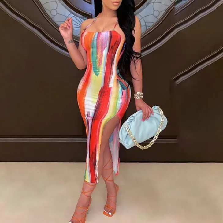 

Spaghetti Strap Sexy Summer Club Satin Slip Tie Dye Printed Backless Sleeveless Dress With Slit Women Midi Party Dresses, Orange