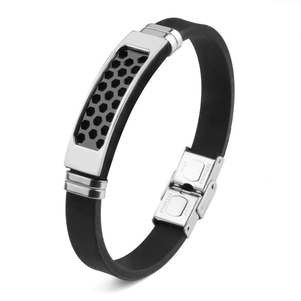 

Men Jewelry Stainless Steel Clasp Stopper Silicone Adjustable Wristband Bangle Bracelet