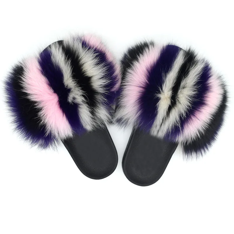 

wholesale new styles fashion casual raccoon fur slides shoes fur sandals custom ladies fox fur PVC slipper for women, Colors can be customized
