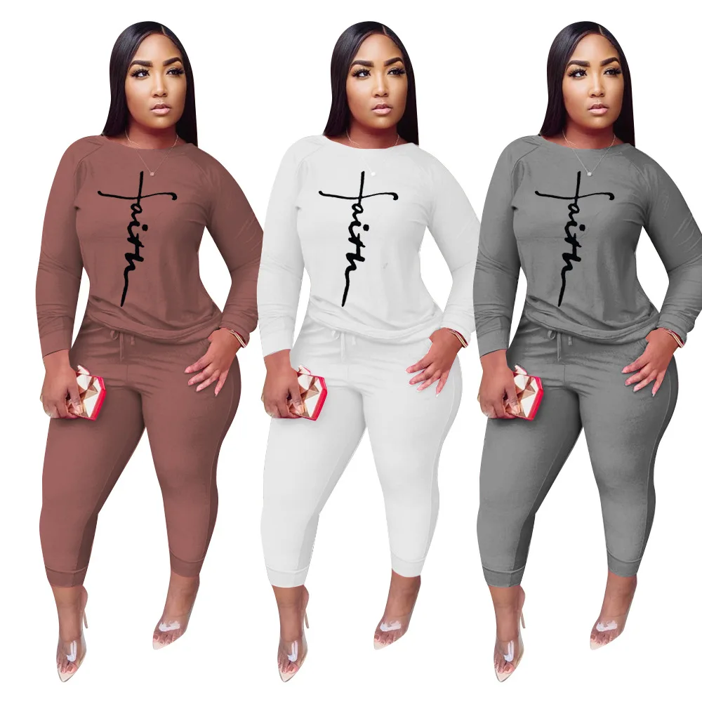 

2021 Plus Size Winter Fall Fashion Clothing Casual Loose 2pc Women Cotton Two Piece Faith Outfits 2 Piece Pant Set Jogger Sets, White,gray,brown