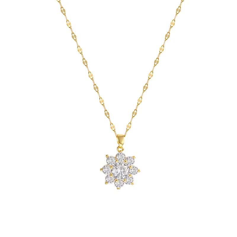 

New Fashion Stainless Steel Gold Plated Women's Chain Heavy Industry Large Zircon Pendant Necklace Flower Shape Pendant Necklace