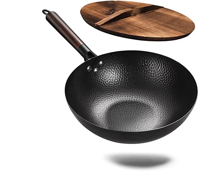 

Factory Wholesale Zhangqiu Wok Household Uncoated Pan With Wooden Lid Non Stick Wok General Old Fashioned Forged Pure Iron Pan, Black